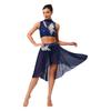 Womens Lyrical Dance Outfits Sleeveless Hollow Out Crop Top Irregular Mesh Hem Briefs Skirt Applique Dancewear Set