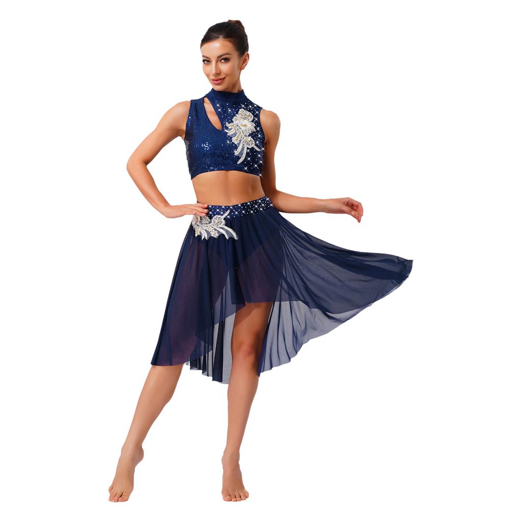 Womens Lyrical Dance Outfits Sleeveless Hollow Out Crop Top Irregular Mesh Hem Briefs Skirt Applique Dancewear Set