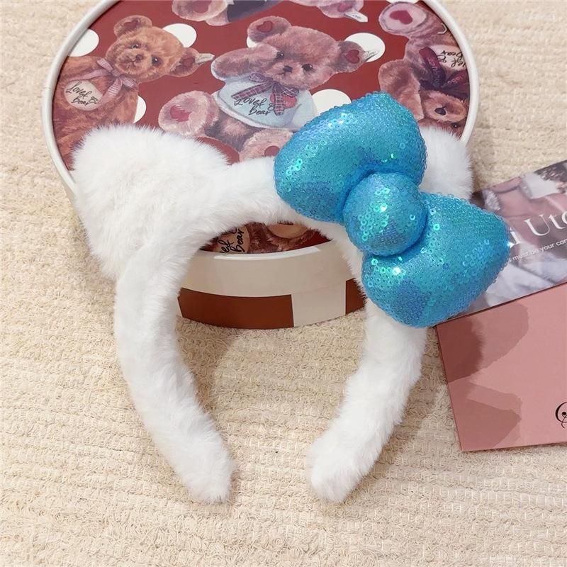 Super Cute Niche Hair Band Casual Cat Ear Plush Headband Used For Washing Face Sequin Bow Headband Women'S Photo Hair Accessory