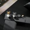 2025 New Arrival White Imitation Pearl Asymmetric Stud Earrings for Women Simple Metal Bow Heart-Shaped Earrings Date Jewelry