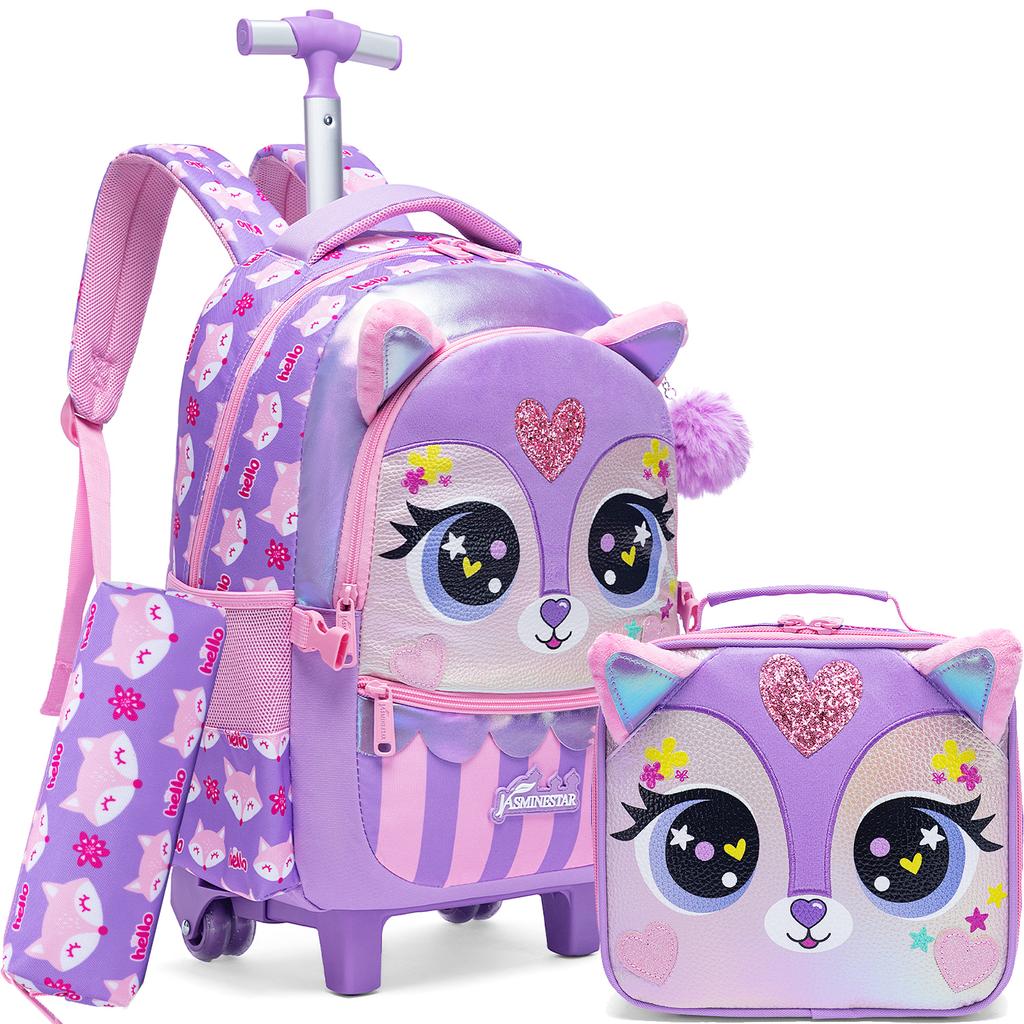 Mädchen Rollrucksack mit Rädern für Kinder Schulkoffer Roller Rucksack Handgepäck Reisegepäck mit Brotdose und Federmäppchen für Mädchen im Alter von 5-12 Jahren