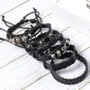 6pcs/set Black Color Punk Style Skulls Stars Handmade Leather Bracelets for Men and Women Personalized Trendy Party Jewelry