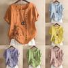 Womens Plus Size Short Sleeve Print Buttons Cotton Linen Vintage Tops