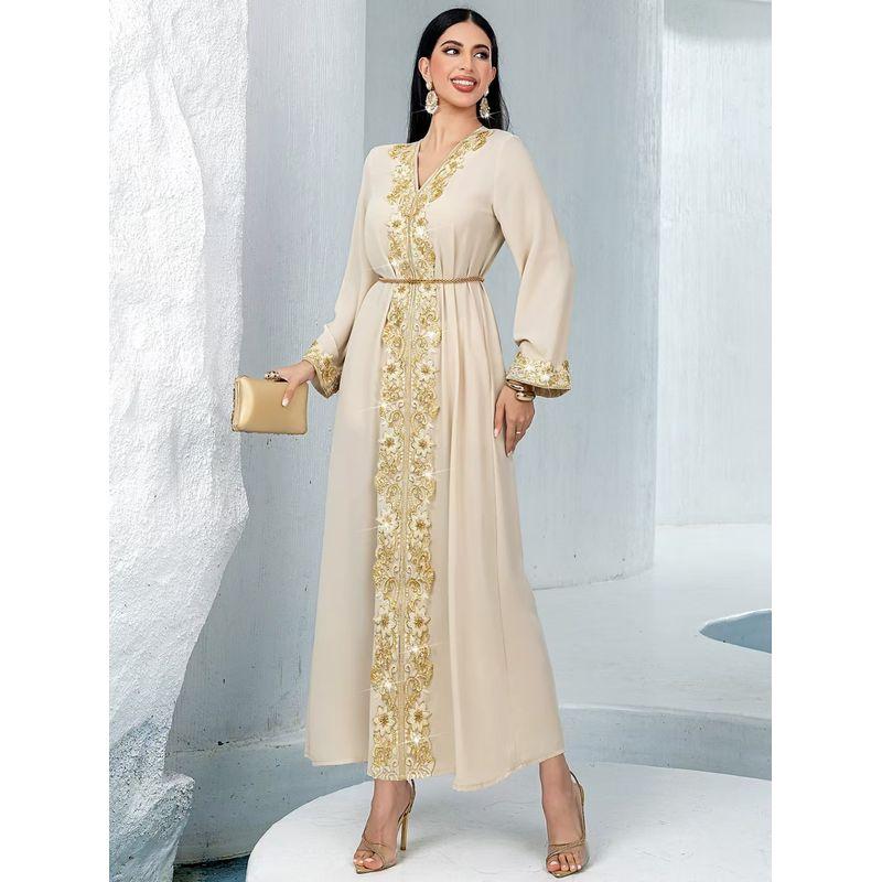 

Новое модное платье с V-образным вырезом, кружевной вышивкой бисером, кружевной лоскутной вставкой, платье с V-образным вырезом и отделкой бисером Apricot color M