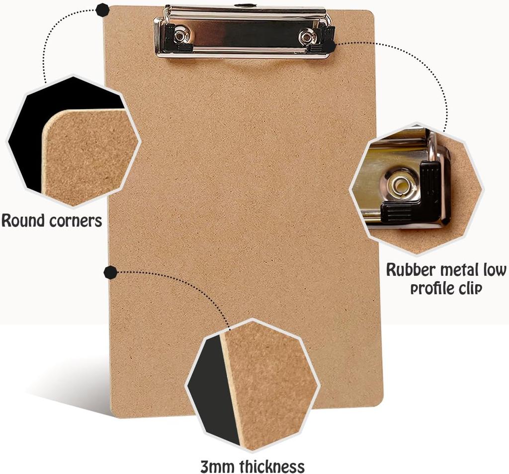 12-Pack Wooden Mini Clipboards with Low Profile Metal Clip - 6"x9", Durable & Lightweight for Classroom,Back to School Supplies