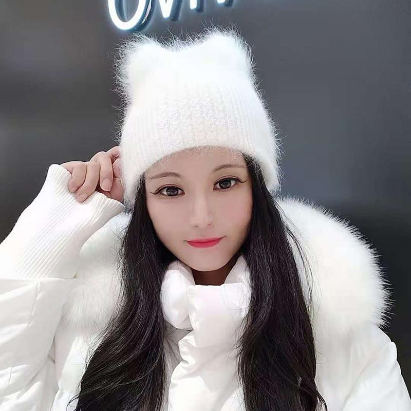 

Кошачьи ушки из кроличьего меха Универсальная модная шерстяная шляпа Теплая и холодная Корейская версия Трендовая милая и симпатичная Зимняя вязаная шапка 54-59cm