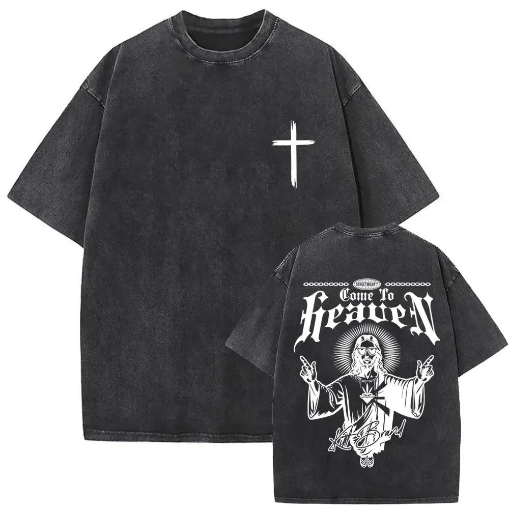 T Shirts Men Women Fashion Oversized Washed Vintage Christian Religious Jesus Face Graphic T-shirts Male Retro Rock