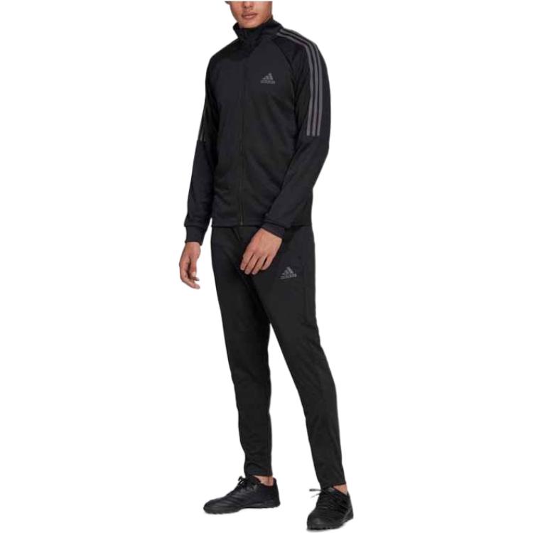 adidas Conjunto de Chaqueta con Cremallera y Estampado de Logo a Rayas y Pantalones Deportivos de Pierna Recta para Hombre Conjunto Negro Gris H28916