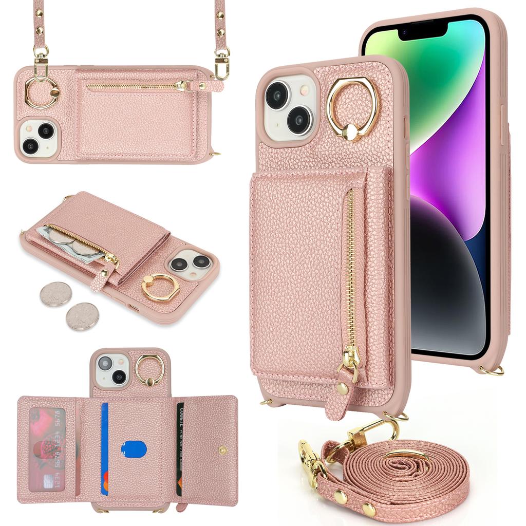For iPhone 14/13 Case Litchi Texture Card Bag Leather+TPU Crossbody Phone Cover with Ring Kickstand