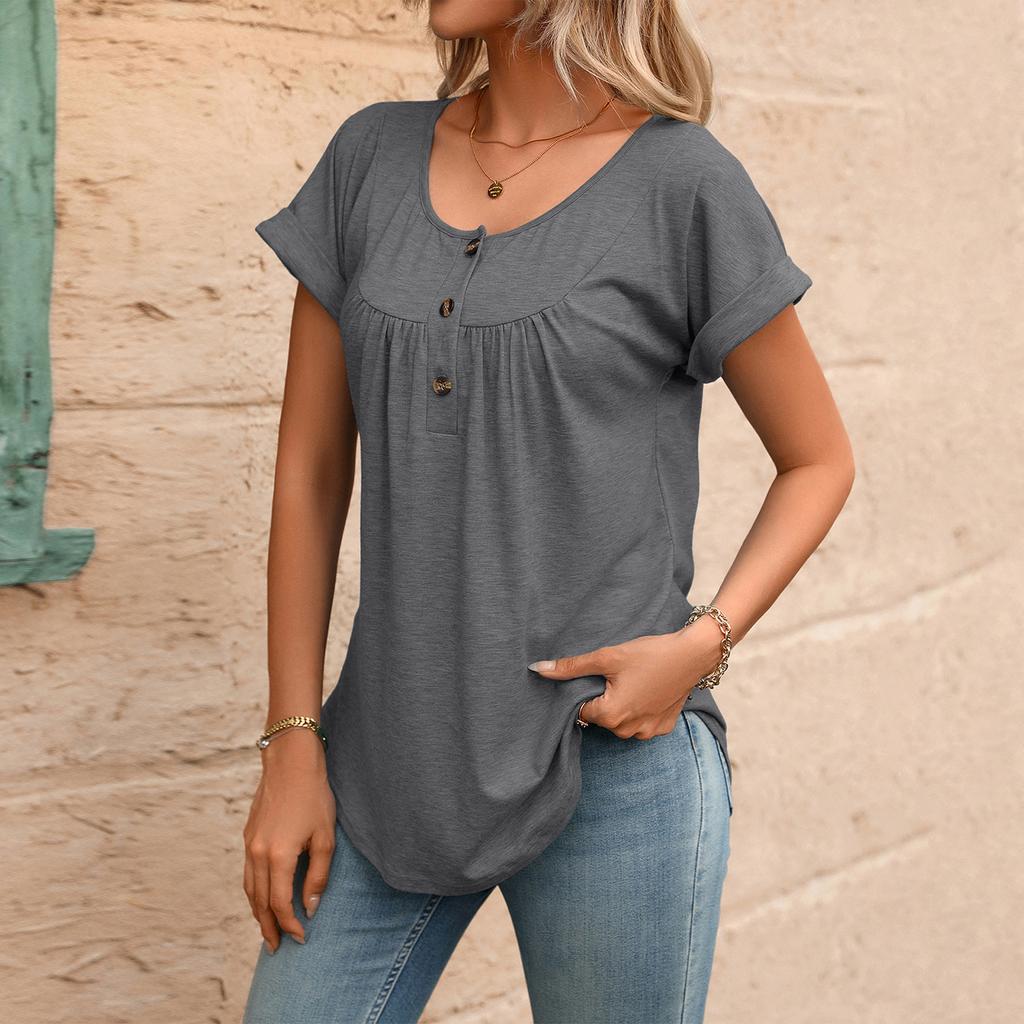 Women’s Casual Short Sleeve Pullover T Shirt with Crew Neck and Button Loose Fit Summer Top Blouse