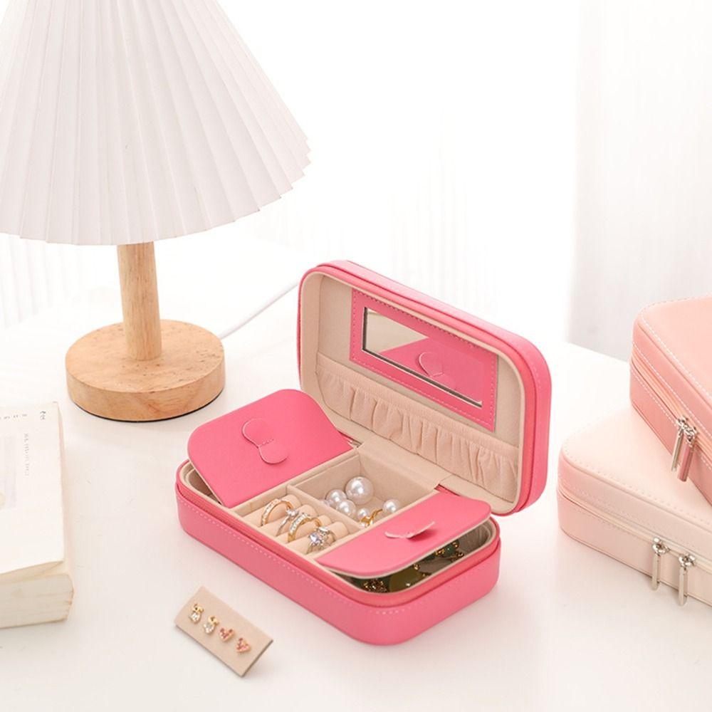 PU Travel Jewelry Case Solid Color Jewelry Display Box Simple Zipper Stotage Boxes  Women