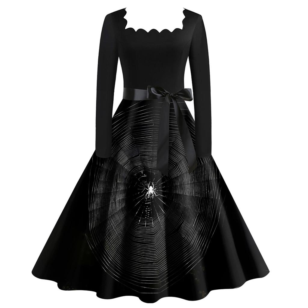 Halloween Damen Casual Fashion Square Neck Printed Vintage Kleid