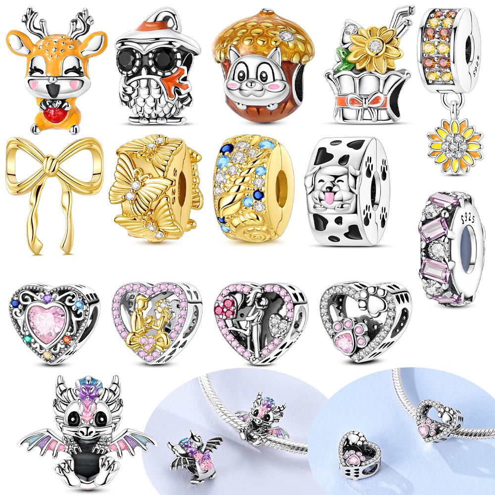 Authentic Charm Bead Charms Copper Love Heart Couple Gold Plated Bowknot Fixed Clasp Deer Bead Charms Compatible With Bracelets Women Jewellery Diy De