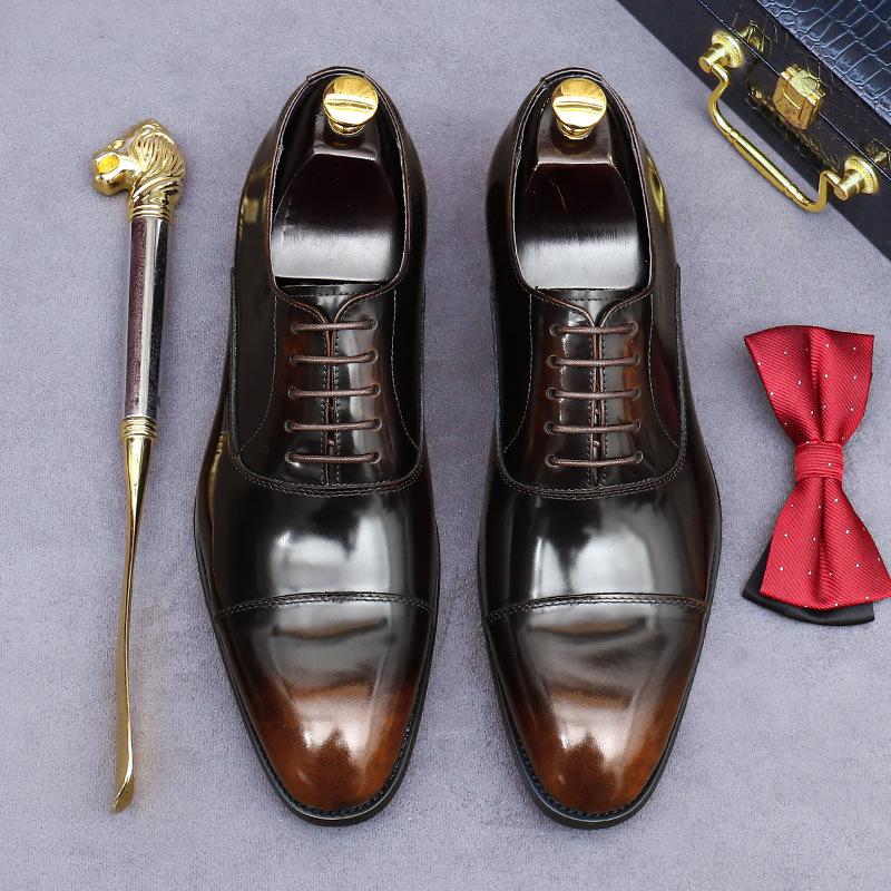 European Handmade Glossy Leather Oxford Shoes - Men's Genuine Cowhide, Three-Eyelet Business Formal Low-Top Style