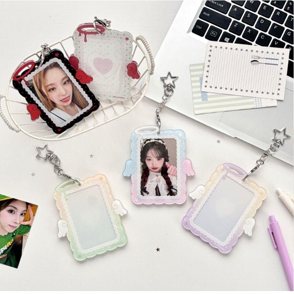 Kawaii Acrylic Photocard Holder Angel Wings with Star Keychain Card Sleeve Hard Card Protector 3-inch Photos Card Cover