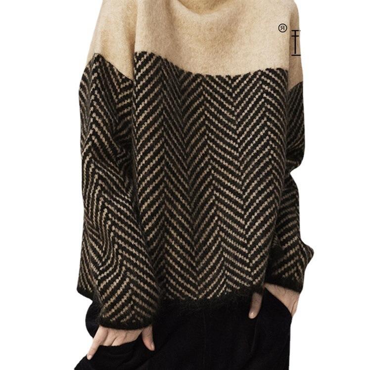 Suéter de punto de bloques de color retro de cuello semi alto Otoño/invierno Nuevo suéter holgado