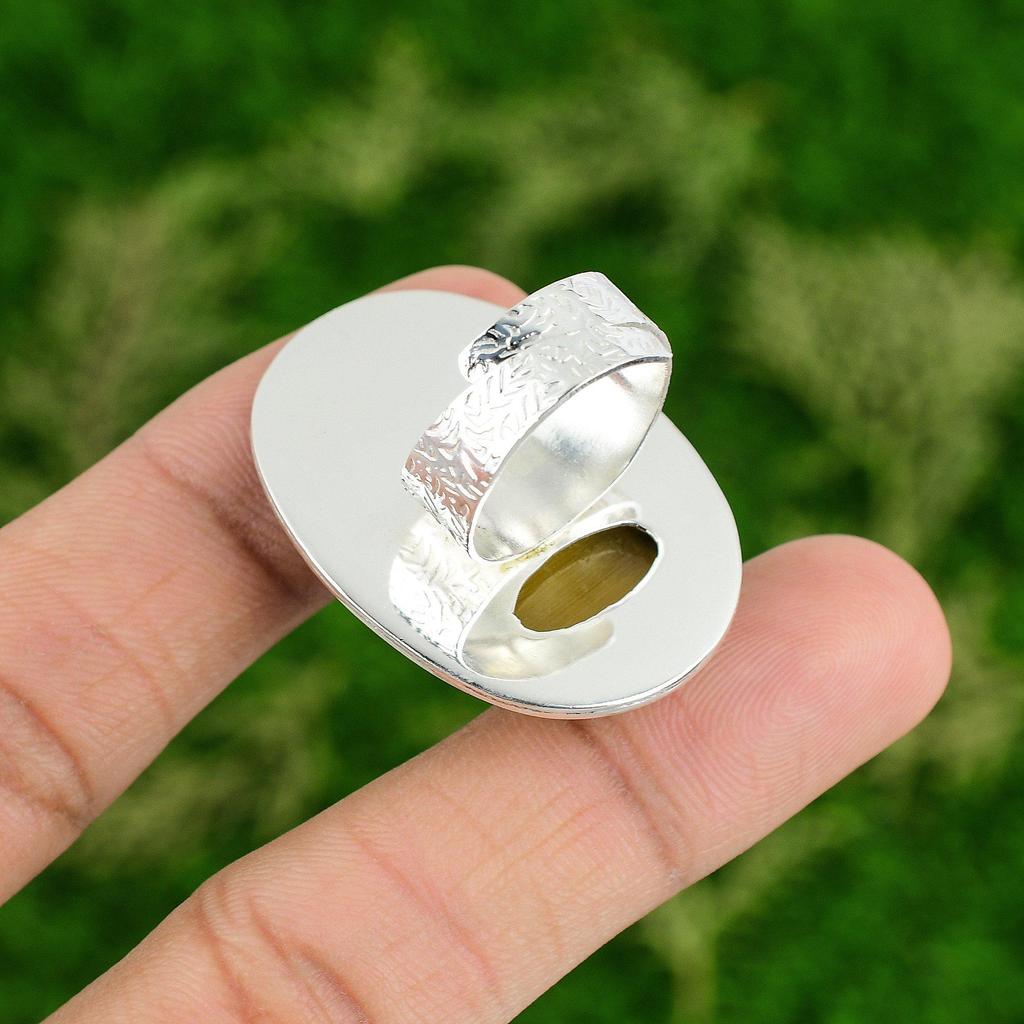 Gift For Her 925 Silver Natural Cat'S Eye Gemstone Stackable Adjustable Ring