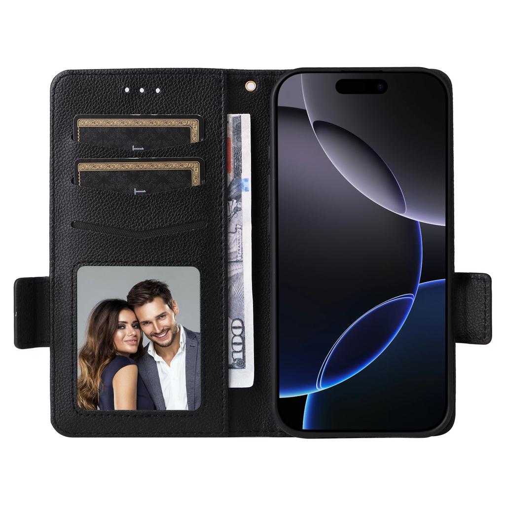 For iPhone 16 Pro Case with Wrist Strap Litchi Texture PU Leather Wallet Phone Cover
