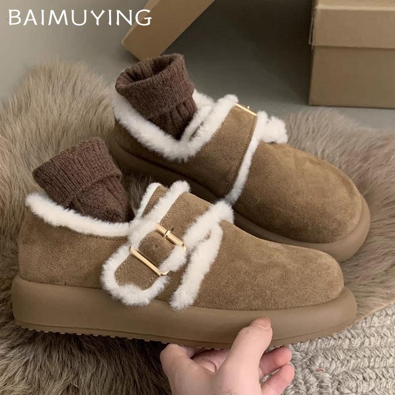 Fur Flats Women Loafers Shoes Suede Platform Buckle Casual Shoes Short Plush Boots 2024 Trend Winter Warm Cozy Zapatillas Ladies
