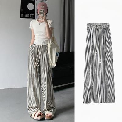 Women's Designer Two Tone Vertical Striped Lazy Thin High Waisted Casual Loose Slouchy Strolling Wide Leg Pants