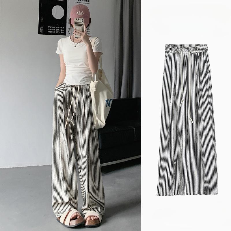 Women's Designer Two Tone Vertical Striped Lazy Thin High Waisted Casual Loose Slouchy Strolling Wide Leg Pants