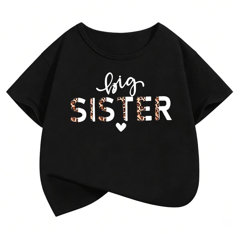 Fashion Big Sister Leopard Print T Shirts Short Sleeve Kids Childrens Tshirt Girls Summer Spring Casual Top Tee Shirt