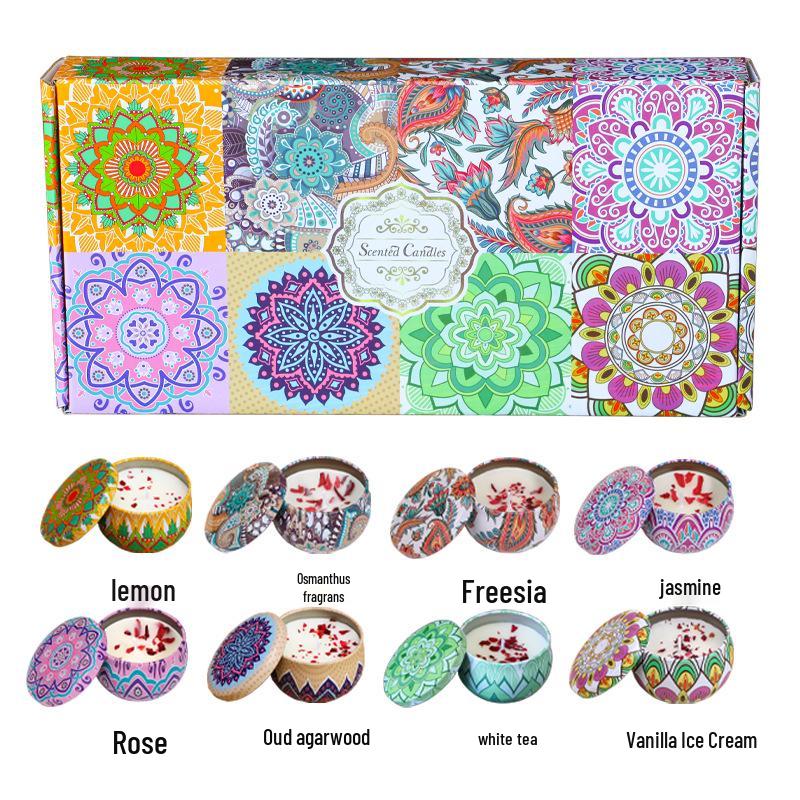 Ethnic Style Aromatherapy Candle Gift Set with Tinplate Dried Flowers