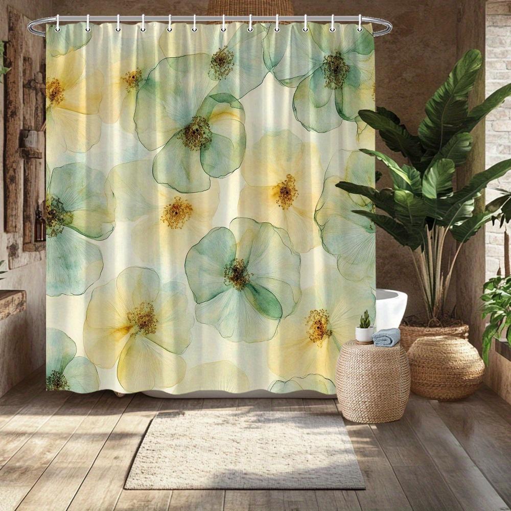 Květinový sprchový závěs, Akvarelové jemné žluté a zelené květy, Vysoce kvalitní polyester, Odolný proti vyblednutí, Stylový koupelnový doplněk