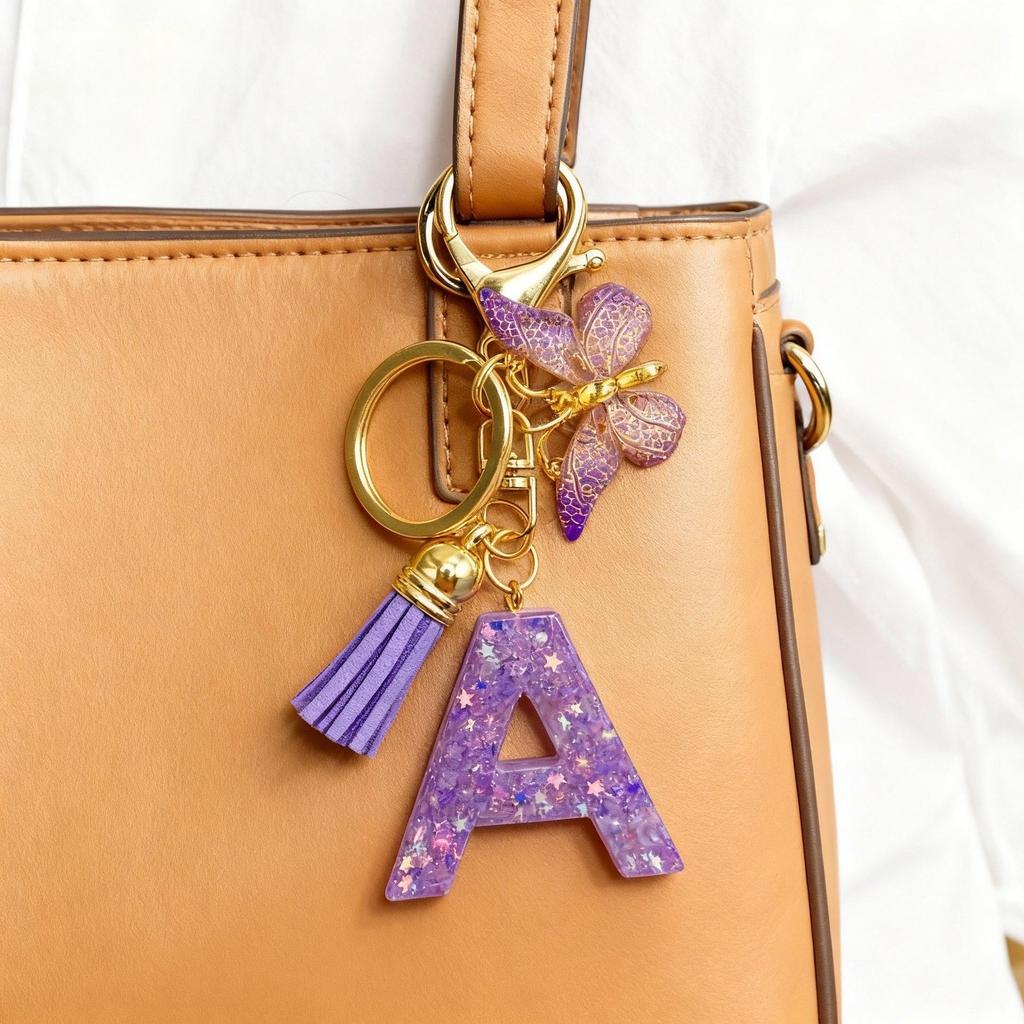26-Letter Alphabet Resin Keychain with Star Sequins & Tassel Charm
