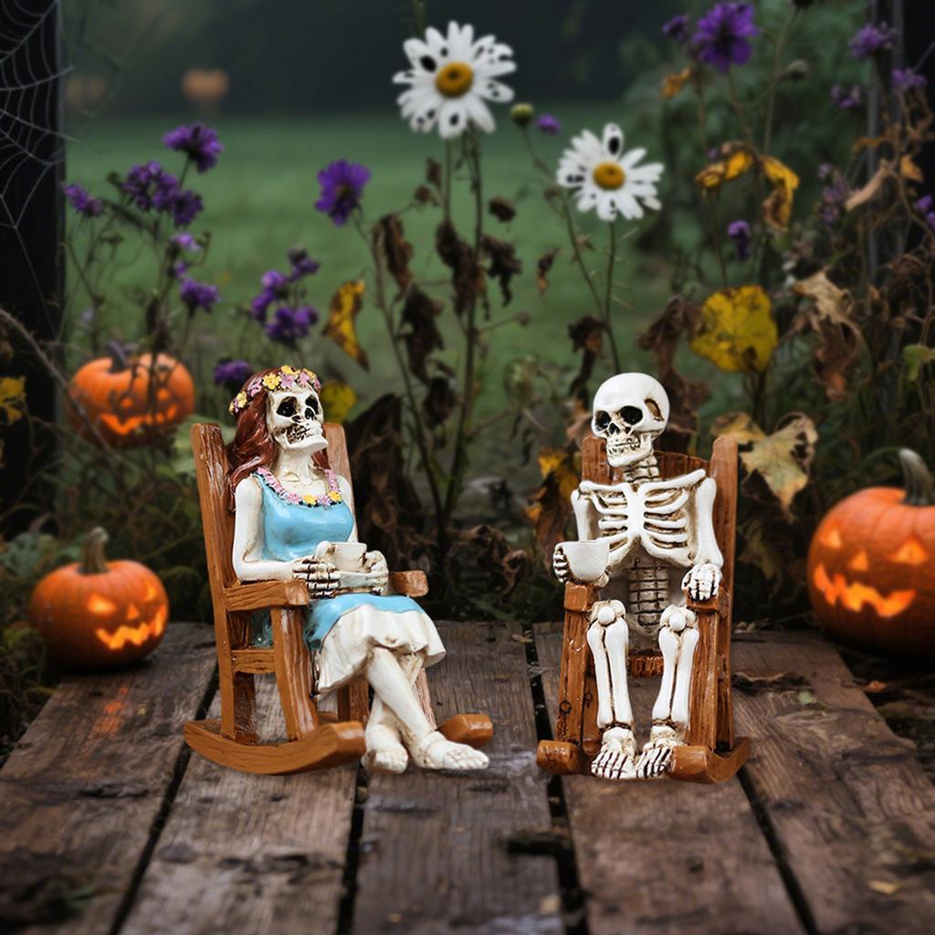 1 Pair Resin Skull Rocking Chair Halloween Decor Outdoor Ornament for Coffee Shop Home Decoration Perfect for Party Garden