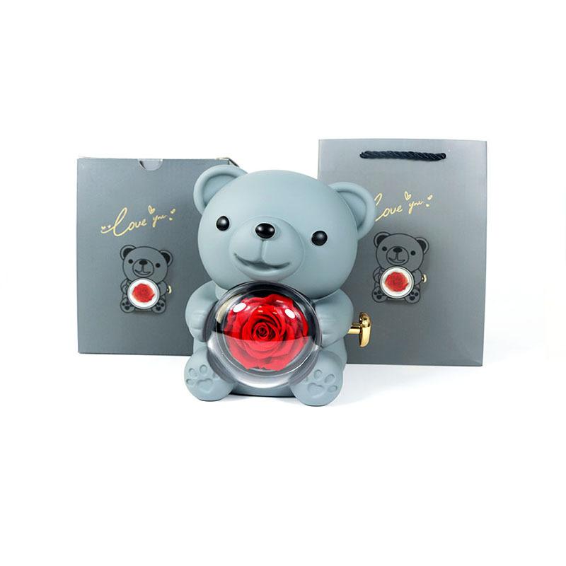 Eternal Rose Teddy Bear Necklace Ring Gifts Box Rotate Rose Jewelry Box Valentine Wedding Storage Gift Case for Women Girlfriend