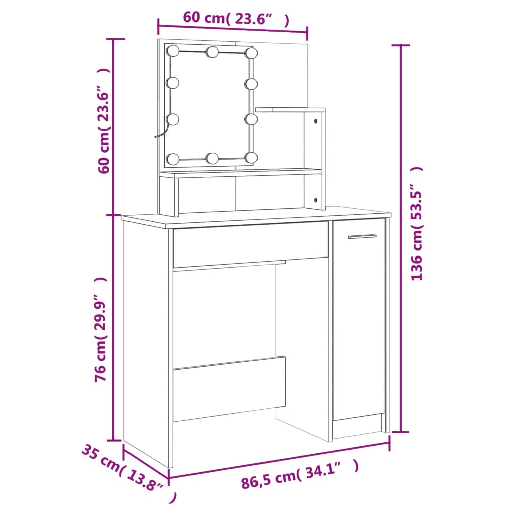 Vanity Table Set with LED Sonoma Oak Engineered Wood