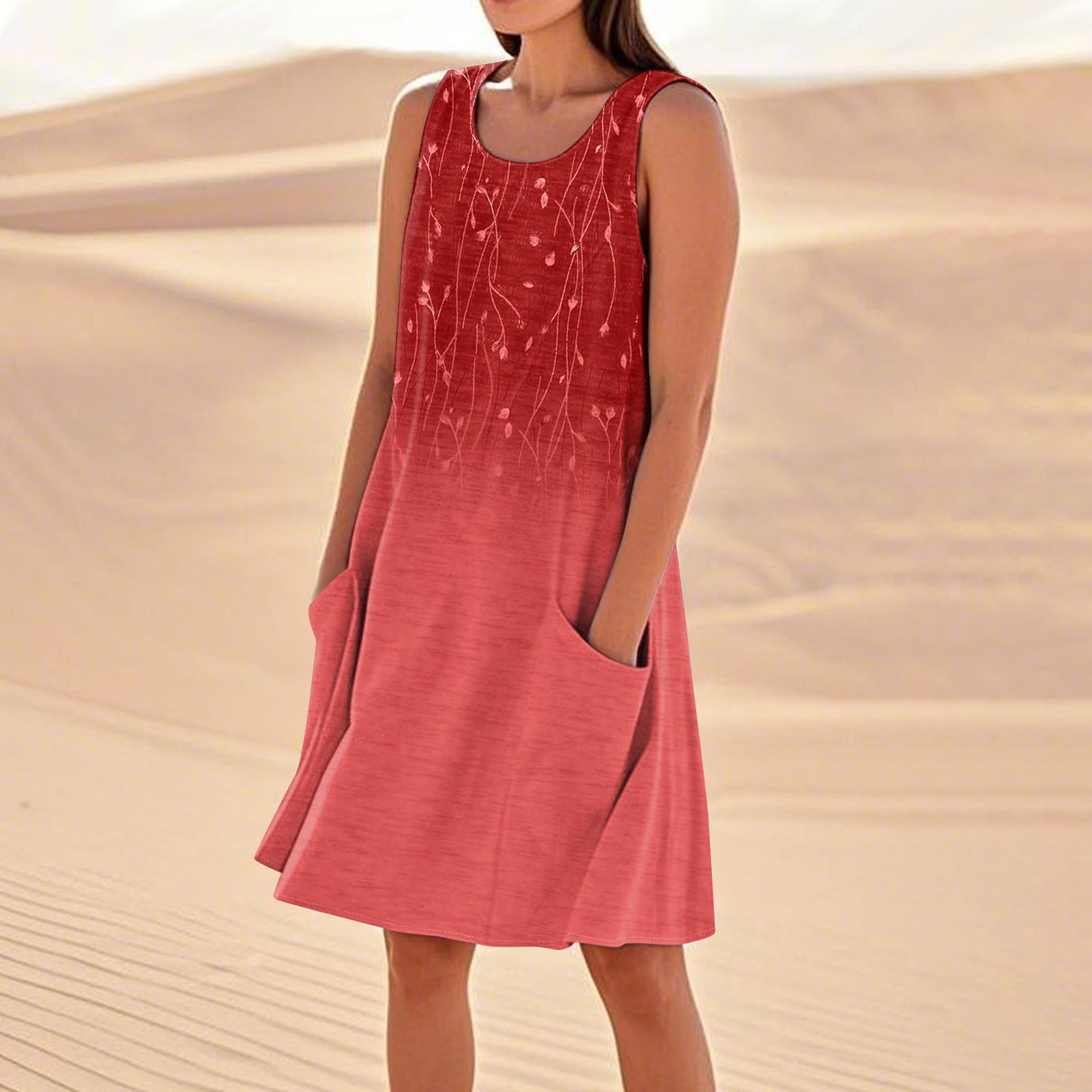 

Летние платья для женщин, свободные пляжные повседневные сарафаны без рукавов с карманами, платье-майка XL красный