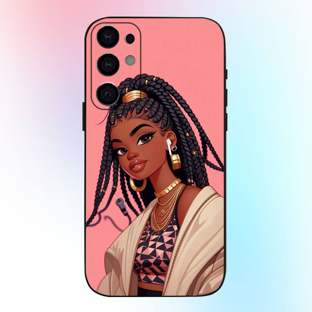 Afro Black Girls Cartoon Phone Case For Samsung S25,S24,S21,S22,S23,S30,Ultra,S20,Plus,Fe,Lite,Note,10,9,5G Black Cover