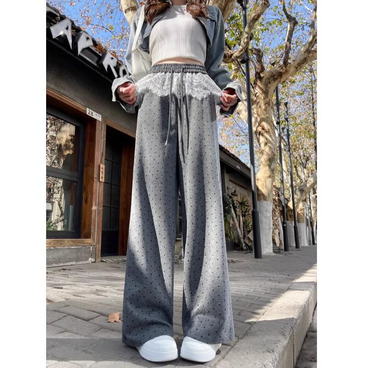 Women's Lace Patchwork Polka Dot Wide-Leg Elastic Waist Pants, Loose Fit, Floor-Length - Spring/Summer 2025 Collection