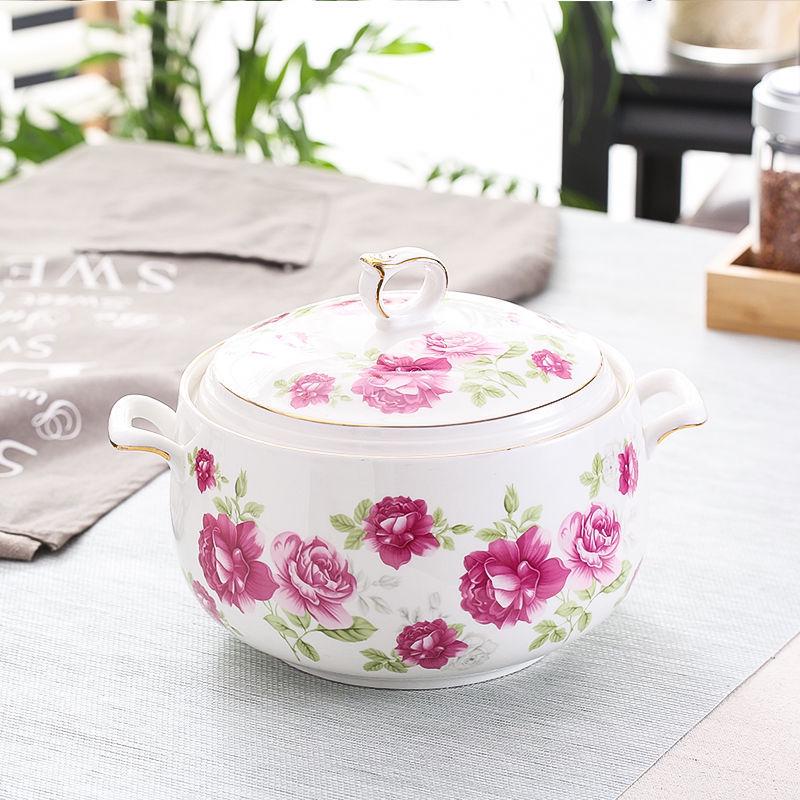 

Ceramic Double-Ear Covered Stew Pot - Large Capacity, Pure White, Microwave Safe Bowl for Soups and Rice.