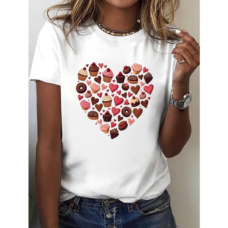 Damen Herz Cupcake Schokoladenprint T-Shirt Lässig Rundhals Kurzarm Ganzjahres Oberteil