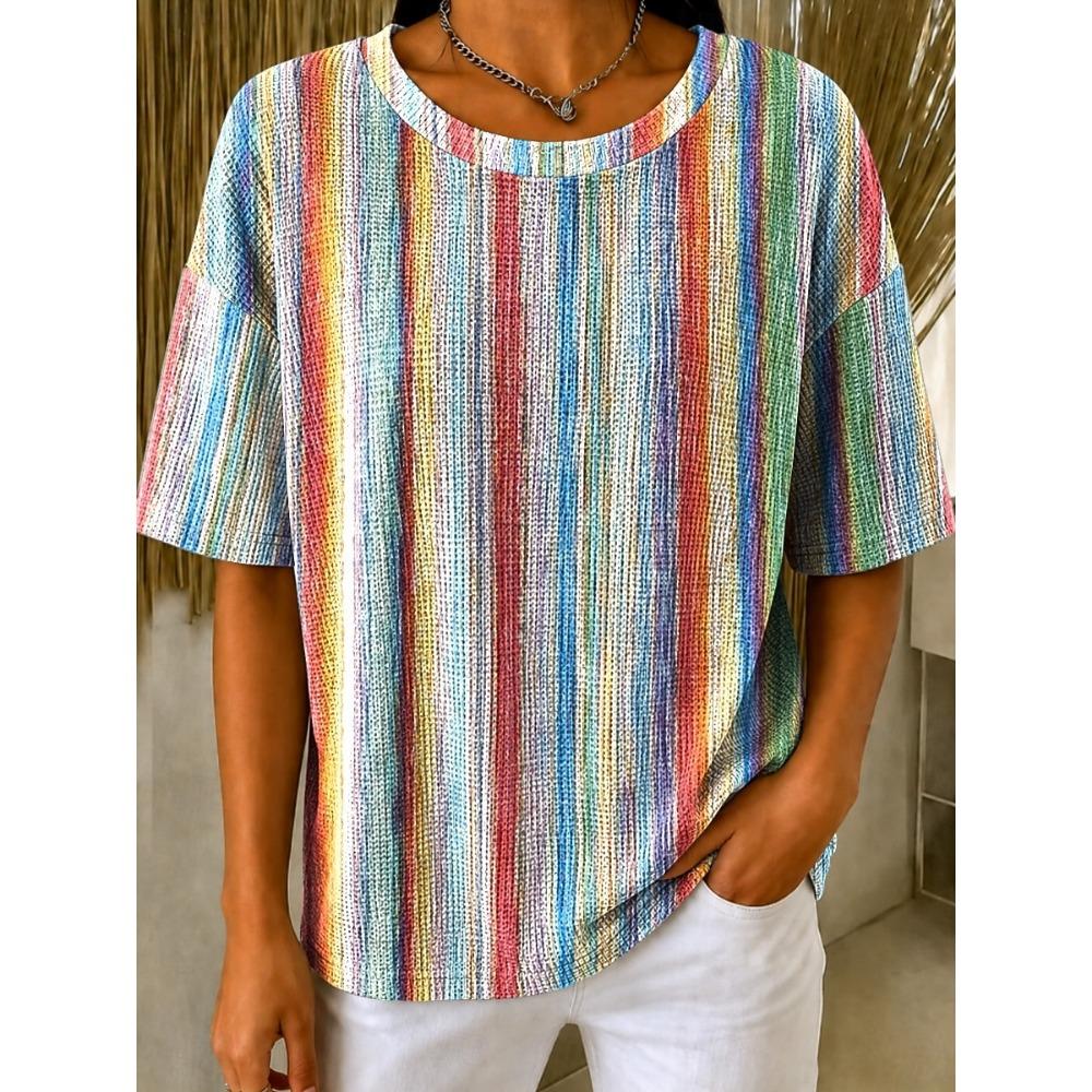 Women's T-shirt Tops Graphic Geometric Striped Stylish Classic Short Sleeve Crew Neck Round Tops Casual Summer Spring