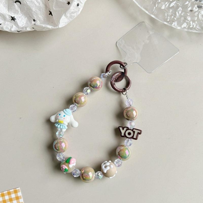 Sanrio Beads Phone Pendant Hello Kitty Kuromi Melody Keychain Wrist Strap Bag Decor Car Keyring W/Card