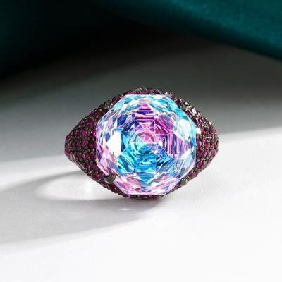 Biżuteria Miedziana Podstawa Pozłacana Imitacja Szlifu Różowego Stopniowa Zmiana Koloru Czarne Złoto Personalizowany Pierścionek Kamień Główny 14Mm