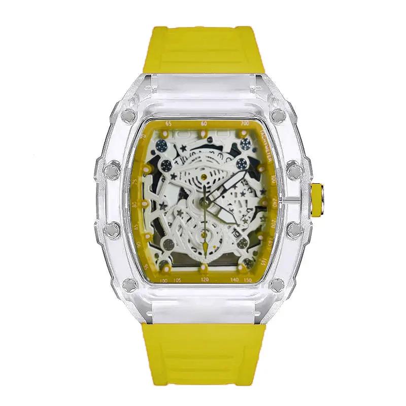 Tonneau Fashion Quartz Watch Men Transparent Shape Casual Luxury Waterproof Rubber Strap Male Watches Men AAA Clock Relogio