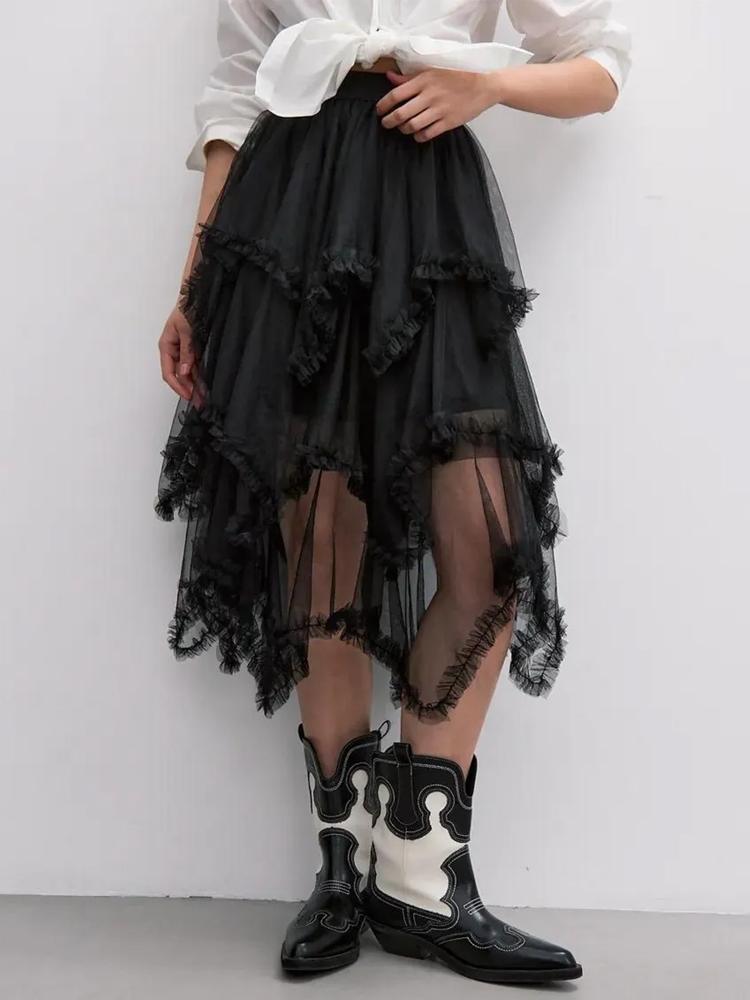 

Женская черная сетчатая юбка Модная асимметричная юбка миди Элегантные оборки Одежда в стиле Y2k Эластичная талия one size чёрный