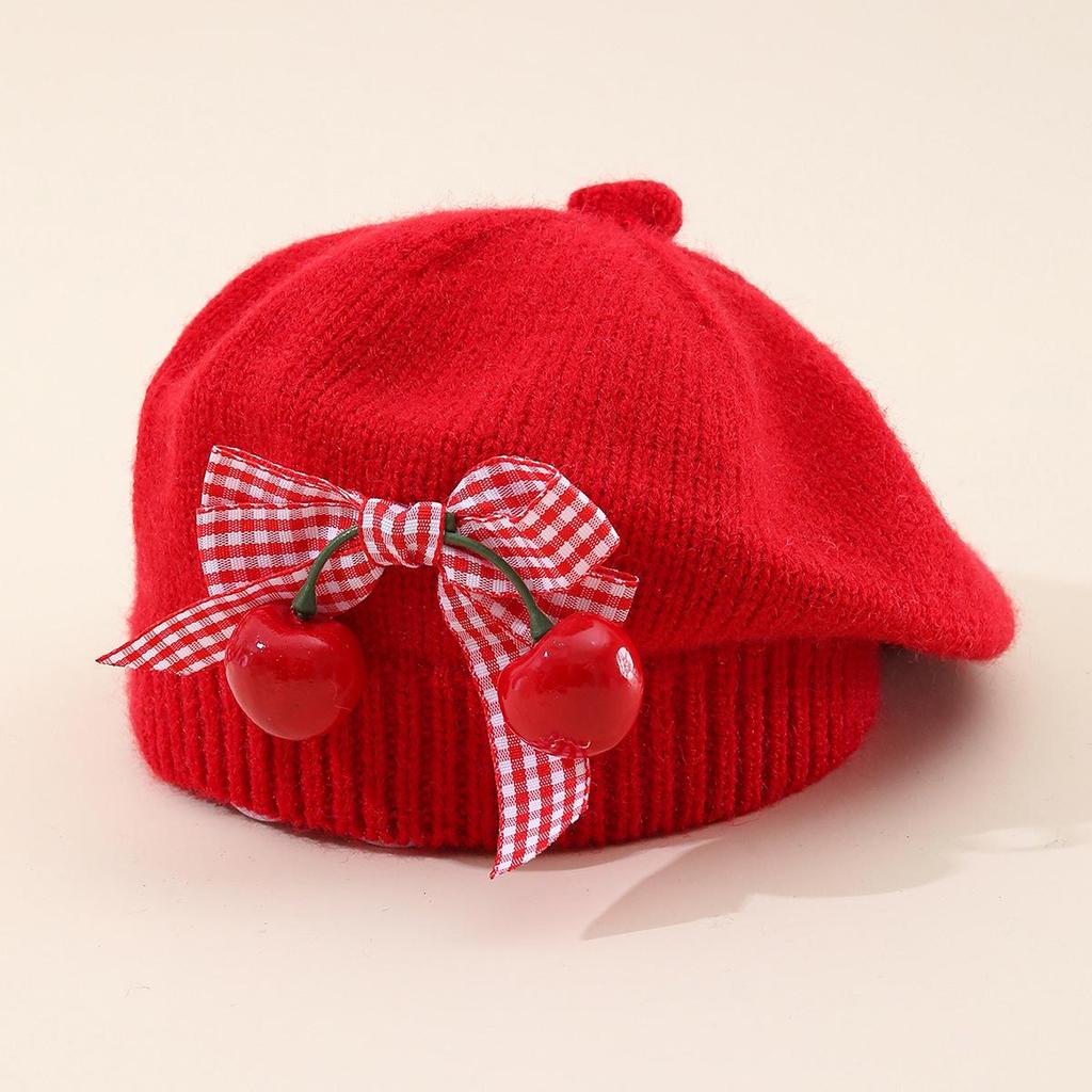 Charming Woolen Beret with Bow & Cherry for Kids - Autumn & Winter Solid Color Hat