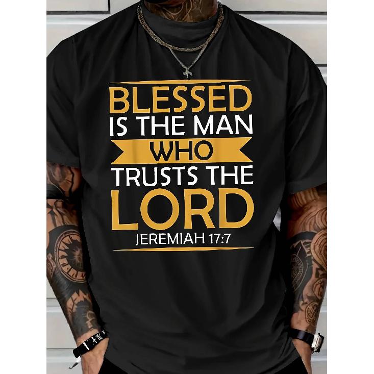 Men s Plus Size XL Verse T-Shirt - Jeremiah 17:7 Blessed is the for Man Who Trusts the Lord Print, Soft Breathable Cotton Sleeve Crew Neck Casual S чёрный