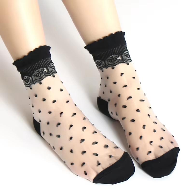1Pair Mesh Fishnet Socks Polka Dot Ultra-Thin Transparent Women Glass Silk Sheer Socks Summer Ankle Socks Calcetines Mujer