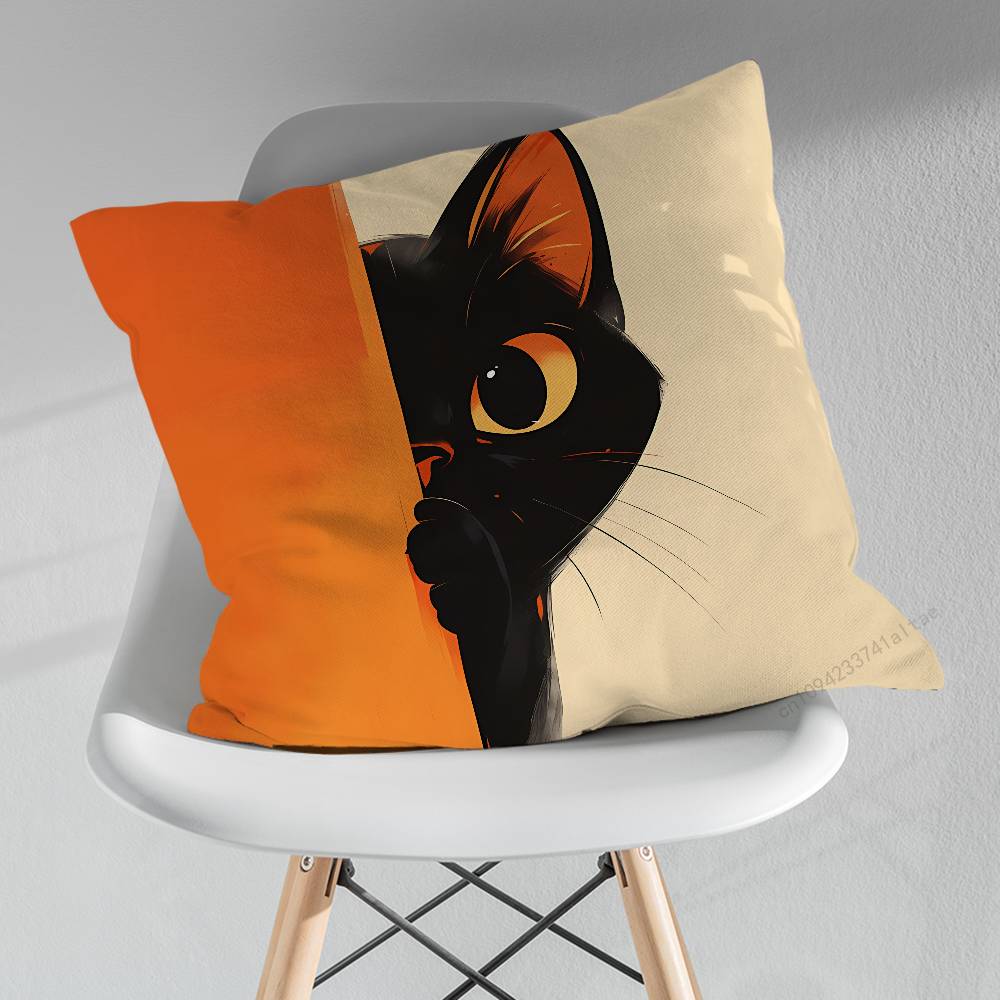 Cute Black Cat Cartoon Art Pillowcase for Sofa Room Office Decor Printing Merchandise AllMatch Cushion Cover