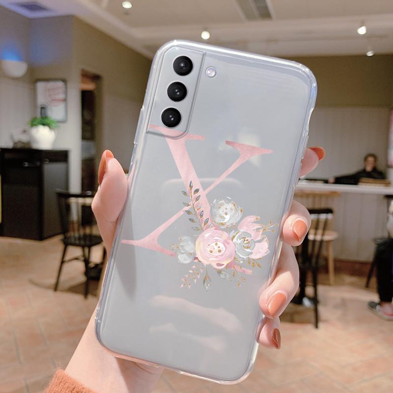 Initial Letter Cover For Samsung Galaxy S23 S24 S25 Plus Ultra Case Transparent Soft Silicone Flowers Capa For Samsung S23+ Bag