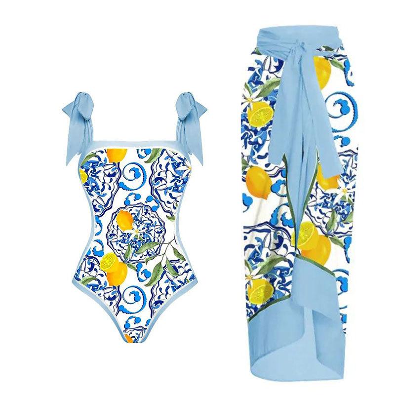 2Pcs/Set Women Printing Monokini with Skirt Sling Bandeau One-Piece Hot Spring Swimsuit with Beach Cover Up