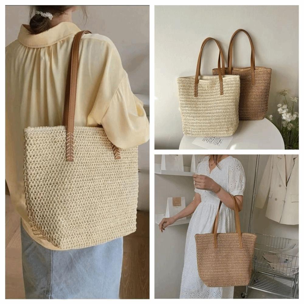 Square Beach Handbag Zipper Raffia Shoulder Bag Casual Weave Straw Tote Bag  Spring