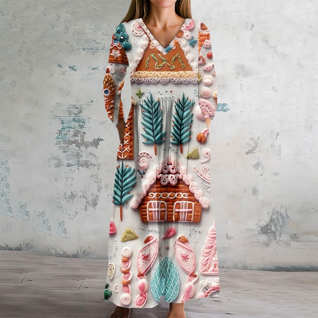 Damska Sukienka Modowa Wiosenna Sukienka z Dekoltem V i Długim Rękawem